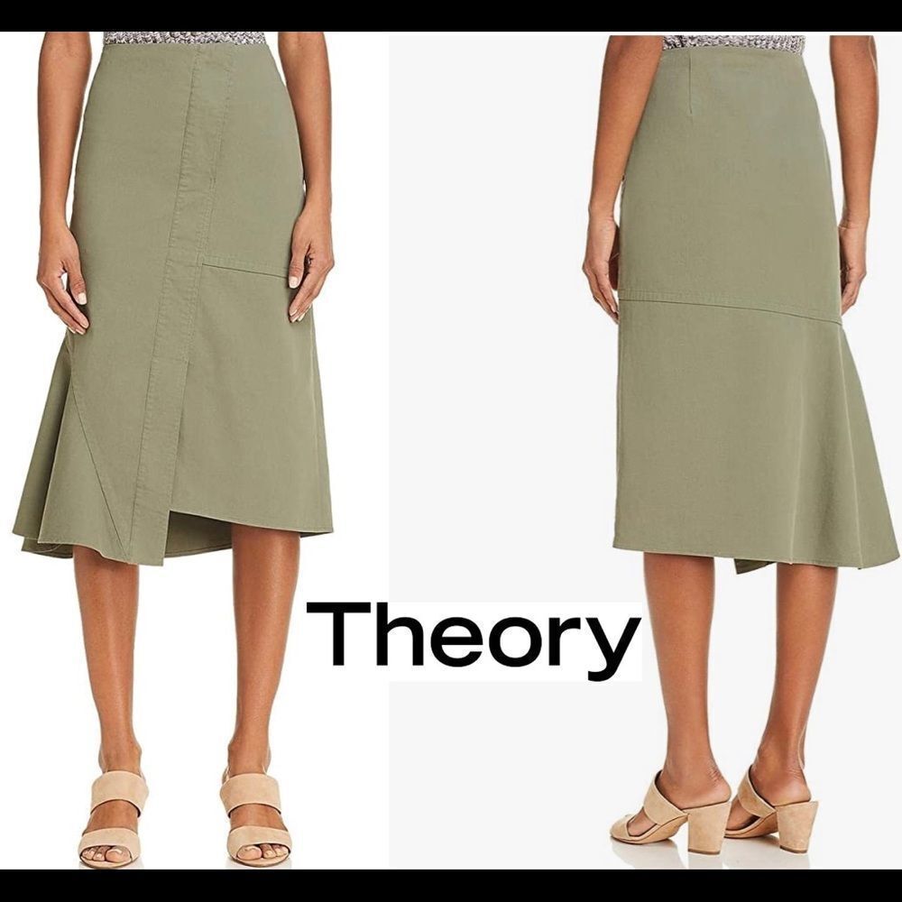 𝅺THEORY Reconstructed Side Slit Asymmetric Midi Skirt
Faded army green Sz 6